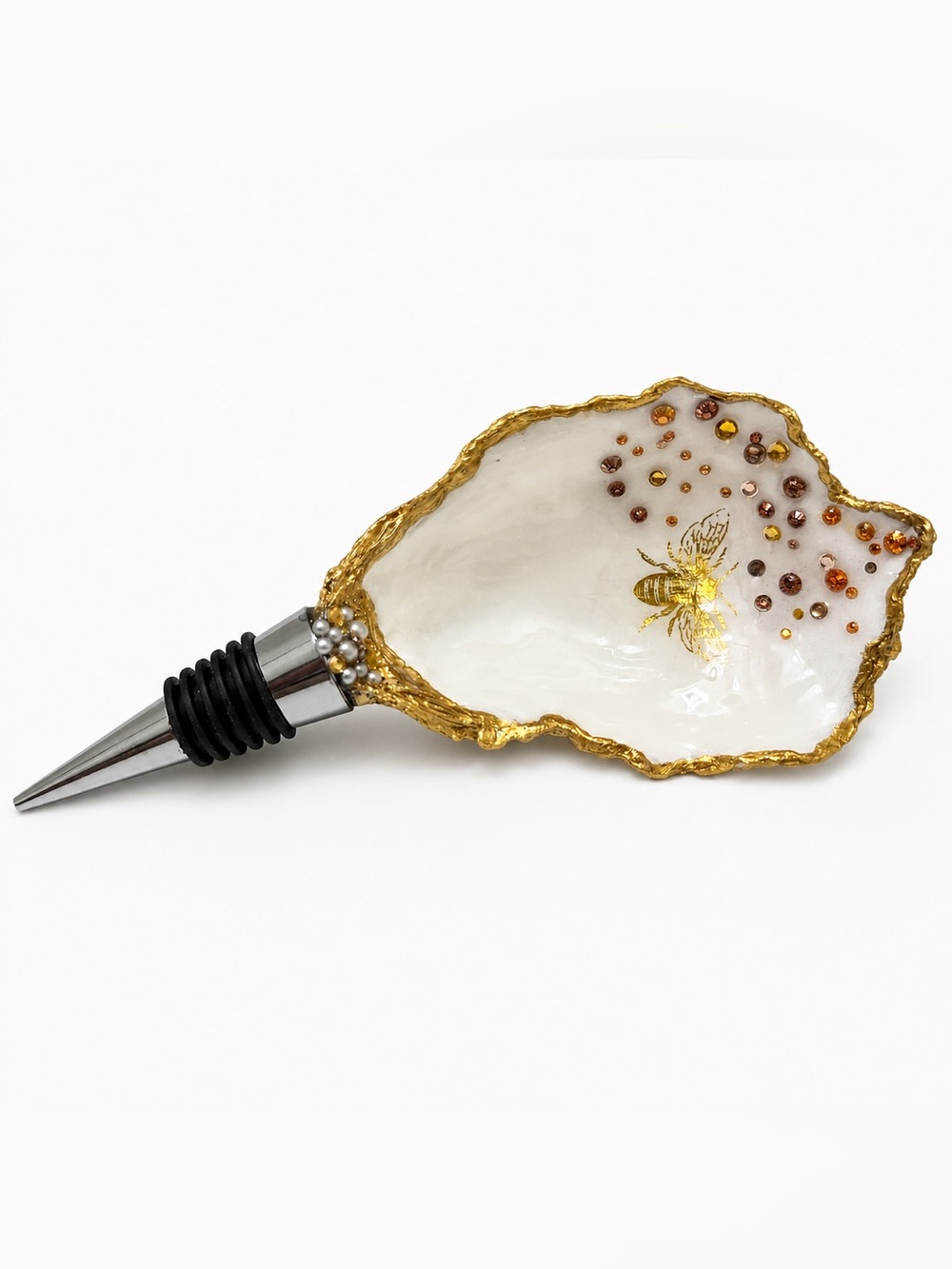 Gold & White Bee Oyster Shell Wine Stopper, Handmade by Me